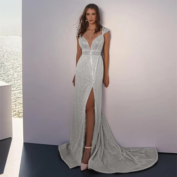 Элегантное корсетное вечернее платье длиной до пола, женское Сексуальное модное облегающее вечернее платье без рукавов с V-образным вырезом и высокой талией, с блестками, халат