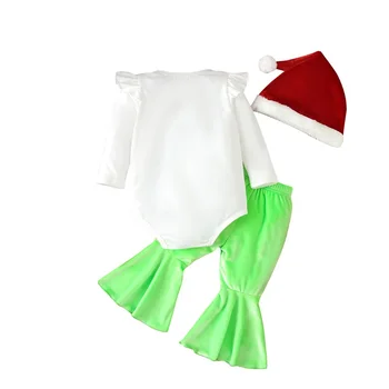 Новорожденный Младенец Для маленьких девочек Рождественский комбинезон Grinch с длинным рукавом, боди с буквенным принтом, Расклешенные брюки, Шляпа, наряды