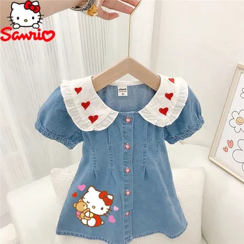 Платье-комбинация Hello Kitty Kawaii Sanrio, джинсовая юбка, платье для летних девочек, хлопковая юбка с вышитым сердечком, кукольный воротник, платье принцессы