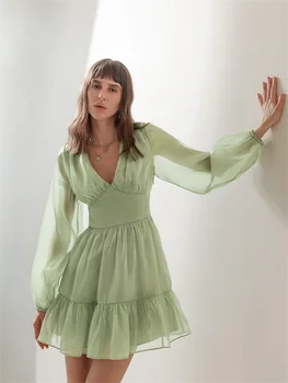 Женское платье 2023, Французское винтажное прозрачное платье с длинным рукавом и V-образным вырезом Sunset Veil Pearl Sense Green, вечерние платья vestidos