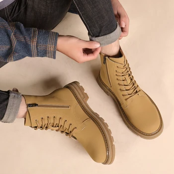 Зимние ботильоны в британском стиле 2023 года, мужские ботинки со средним берцем, уличные желтые ботинки классического дизайна, мужская повседневная обувь с высоким берцем