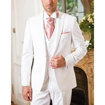 Элегантные костюмы для мужчин, модный Пиковый Лацкан, Однобортный белый мужской костюм, Приталенный Деловой Повседневный Смокинг для жениха, Шафера, 3 шт.