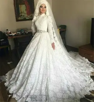 Мусульманские свадебные платья с бальным платьем, Элегантные Свадебные платья с длинными рукавами на Ближнем Востоке, Кружевные Вечерние Арабские платья с высоким воротником, большие размеры