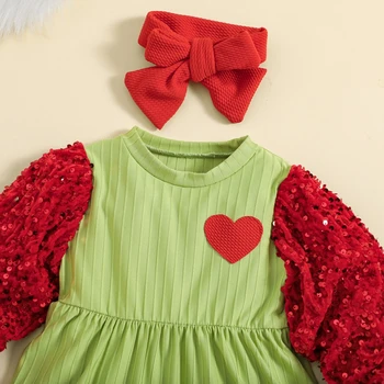 Рождественский наряд для маленьких девочек, Милое Зеленое платье принцессы с блестками и пушистым монстром, с повязкой на голове
