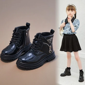 Детские ботинки для девочек от 3 до 11 лет, весна-осень, квадратный каблук, Ультрапленочная кожа, шнуровка, Однотонная повседневная детская обувь на нескользящей мягкой подошве Hw45