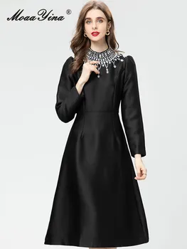 MoaaYina Осеннее Модное дизайнерское Черное винтажное вечернее платье с воротником-стойкой, длинным рукавом и высокой талией, Тонкое длинное платье с бриллиантами