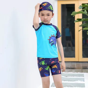 Детские купальники для мальчиков с динозаврами, купальный костюм из 3 предметов (футболка + кофта + кепка) Быстросохнущий солнцезащитный крем с коротким рукавом для мальчиков