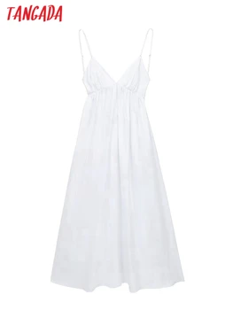 Tangada 2023 Летнее Женское Белое Длинное хлопчатобумажное платье без рукавов с открытой спиной, Модные Женские Пляжные платья 3H139X
