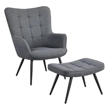 Easyfashion Современный тканевый стул с откидной спинкой середины века с пуфиком, Стулья для гостиной, стулья для спальни, кресло для отдыха