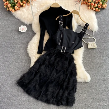 Осенний черный облегающий низ из трикотажа со стоячим вырезом, комплект из двух предметов, платье с меховой вставкой и кисточками на высокой талии