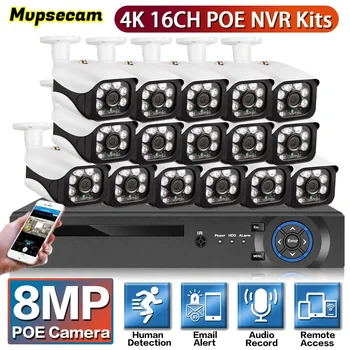16-Канальная система видеонаблюдения 4K CCTV POE NVR Kit 8-Мегапиксельная IP-камера ночного видения HD для видеонаблюдения в помещении и на открытом воздухе с аудиозаписью