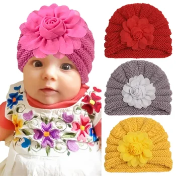 Зимняя новая детская шерстяная шапка с цветком, детская теплая толстая вязаная шапка, детская шапочка для волос