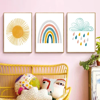 Радужный декор для детской комнаты Boho Sunshine Настенный арт-принт на холсте в скандинавском стиле, плакаты с мультфильмами, настенные панно для украшения детской комнаты
