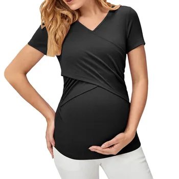 Одежда для беременных женщин, одежда для грудного вскармливания, футболка с коротким рукавом, однотонные топы для беременных женщин с V-образным вырезом для кормящих