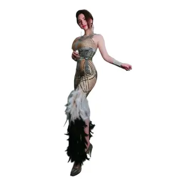 Сексуальный костюм певицы для выступления Платье с хвостом из перьев DJ DS Джазовый танцевальный костюм Вечеринка по случаю дня рождения Сценический танцевальный костюм