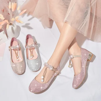 Новый дизайн детской модной обуви, обувь принцессы для девочек, школьная обувь для выступлений, Zapatos, обувь на высоком каблуке для девочек, 3C