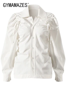 GYMAMAZES, Однотонная рубашка с лацканами и длинными рукавами в стиле пэчворк, однобортная минималистичная элегантная блузка в женском стиле
