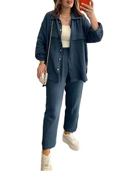 Женская повседневная одежда из 2 предметов, рубашка с длинным рукавом и пуговицами, топы, однотонные брюки, комплекты одежды для отдыха, уличная одежда