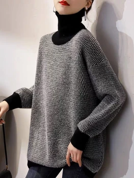 Модные женские свитера 2023, Новинка осени-зима, однотонные Корейские пуловеры с круглым вырезом и длинным рукавом, Винтажная трикотажная одежда