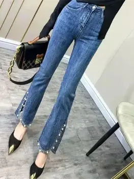 Корейская версия модных обтягивающих расшитых бисером эластичных джинсов с высокой талией и ромбовидными микророгами с разрезным рисунком
