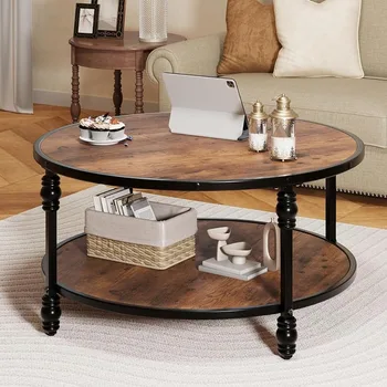 Журнальный столик в гостиной 34,25-дюймовый Круглый стол в стиле Кантри в центре со стеллажом для хранения, двухъярусный журнальный столик из современного дерева, коричневый