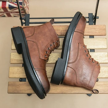 Кожаные ботинки с круглым носком, мужские ботинки Martin, мужские классические ботильоны в корейском стиле, Студенческая повседневная рабочая Осенняя обувь.