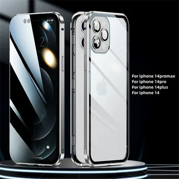Для iPhone 14 Pro Max Plus 13 12 11 X Case, Стеклянный Чехол с двойной Боковой Пряжкой и Защитой Объектива Камеры, Металлический Бампер С защитой От Подглядывания