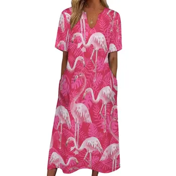 Необычное Розовое платье с Фламинго, Летняя Тропическая птица, Эстетичные Богемные Длинные платья, Женское Графическое платье Макси для ночного клуба 3XL 4XL 5XL