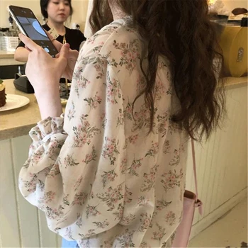 583F Женская шифоновая блузка, рубашки на пуговицах, свободные струящиеся топы в стиле бохо с рукавами-баллонами