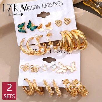 2 Комплекта винтажных сережек-колец с жемчугом в виде сердца и бабочки, металлические серьги-кольца золотого цвета для женщин, хрустальные полые ювелирные изделия из твиста