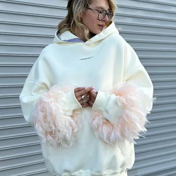 Женский пуловер с капюшоном и меховыми манжетами большого размера, толстовка, Топ с капюшоном, осенняя модная повседневная одежда свободного кроя в стиле харадзюку