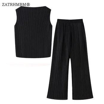 Женские комплекты ZATRHMBM 2023, плиссированная майка и боковые карманы, Прямые брюки с высокой талией, шикарный молодежный модный костюм для отдыха