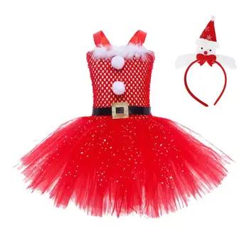 Рождественские платья для девочек, Рождественская красная юбка-пачка из тюля, регулируемый многослойный балетный костюм из тюля с повязкой на голове для детей