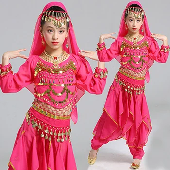 5 шт. Костюм для танца живота для девочек с длинным рукавом, платье для индийских сценических танцев, детские сценические танцевальные костюмы, комплект детской одежды для живота