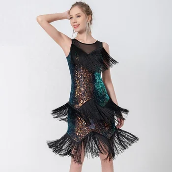 Модное вечернее платье с блестками для латиноамериканских танцев и бахромой с блестками для женщин
