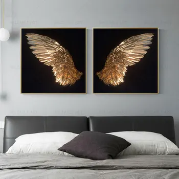 Скандинавская абстрактная картина на холсте с золотыми крыльями, Настенное искусство, Золотые перья, Скандинавские настенные панно для декора гостиной Cuadros