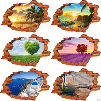 3D Сломанный пейзаж заката, морской пейзаж, остров, наклейка на стену, Гостиная, спальня, Съемный фон, наклейки для украшения дома, художественные наклейки