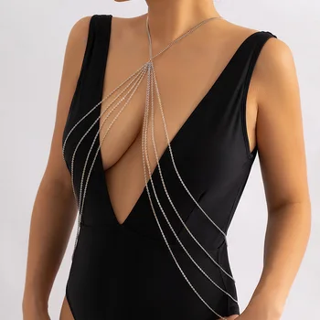 Сексуальное простое бикини с многослойной цепочкой-кисточкой на груди, преувеличенная металлическая цепочка для тела, сексуальные аксессуары