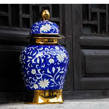 Керамическая ваза в китайском стиле из имбирной банки Украшения для дома Гостиная Банка для хранения Рельефный синий и белый фарфор Общая банка
