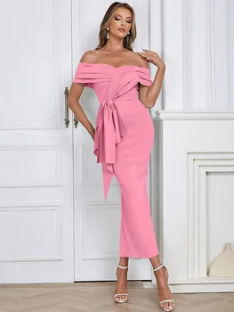 Элегантные розовые платья макси с открытыми плечами для женщин, летние сексуальные платья без рукавов с оборками, тонкое длинное платье для вечеринок знаменитостей