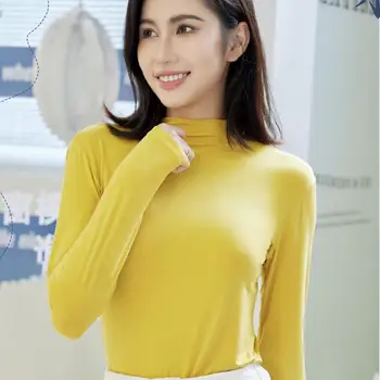 Женские футболки, нижняя рубашка 2023, осенне-зимняя водолазка, теплая модная Корейская однотонная тонкая ткань, внутренняя приталенная футболка