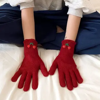 Толстые вязаные перчатки Эластичные грелки для рук сладкого цвета, теплые зимние варежки с сенсорным экраном на весь палец
