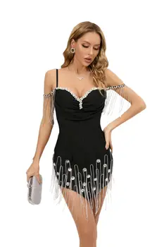 2023 Новое летнее женское облегающее мини-платье на бретелях с открытыми плечами, повязка из вискозы, платье для празднования вечеринки в ночном клубе с бриллиантовой цепочкой