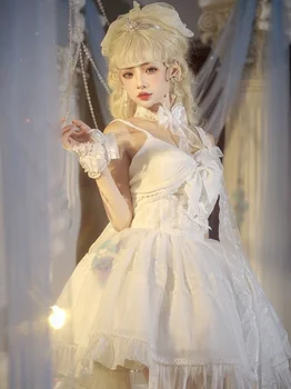 Платье без рукавов JSK Lolita из чистого белого цветка с бантом и кружевом лунный свет без спинки элегантная сказочная девушка