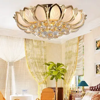 Хрустальная лампа Golden Lotus Потолочный светильник в европейском стиле, круглая атмосферная лампа для гостиной, светодиодное подвесное освещение для спальни.